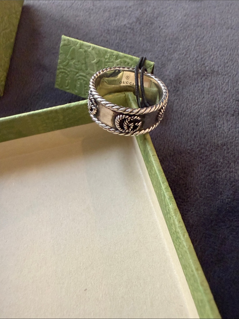 Gucci Silver Rope-Trim Logo Band Ring Size 9 With Thick Band, Fits More Like 8